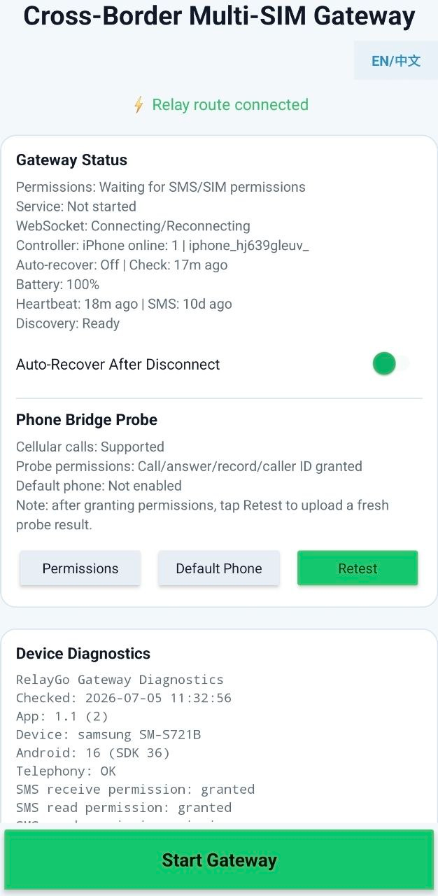 RelayGo Android controlled device app status screen